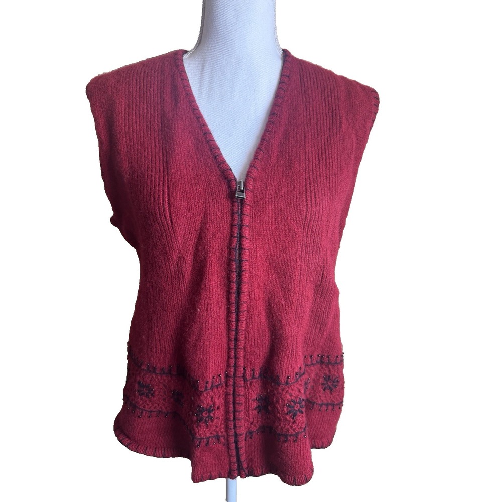 Woolrich Wool Vest Women's XL Ruby Red 100% Wool Knit Full Zip 9713